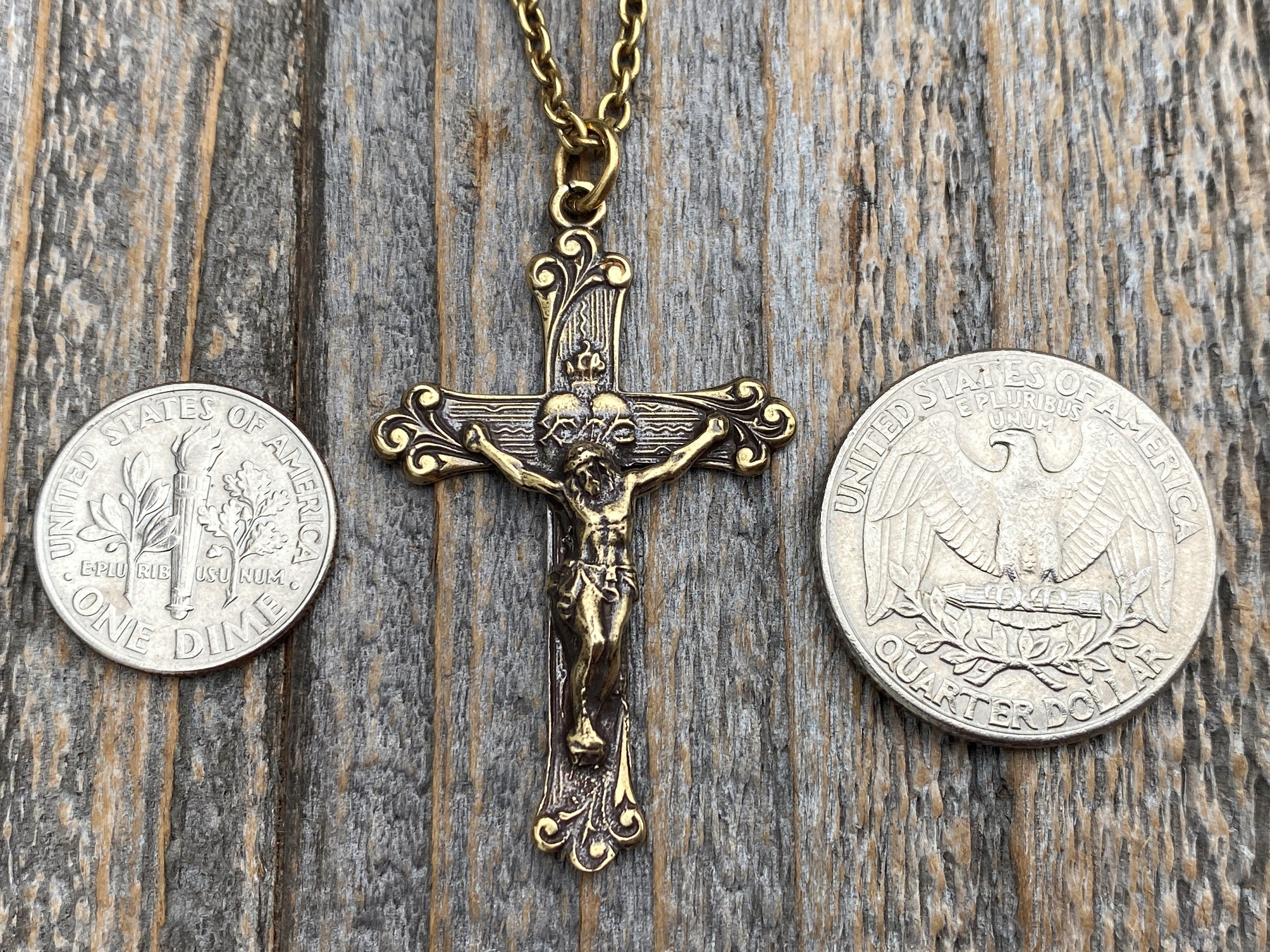 Antiqued Gold Trinity Crucifix Pendant and Necklace Antique -  Portugal