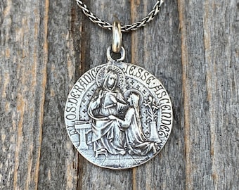 Sterling Silver St Anne Medal Pendant Necklace, French Artist Tricard, Antique Replica, Grandmother of Jesus, Patron Saint of Grandmothers