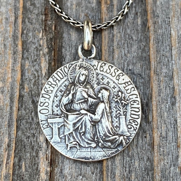 Sterling Silver St Anne Medal Pendant Necklace, French Artist Tricard, Antique Replica, Grandmother of Jesus, Patron Saint of Grandmothers