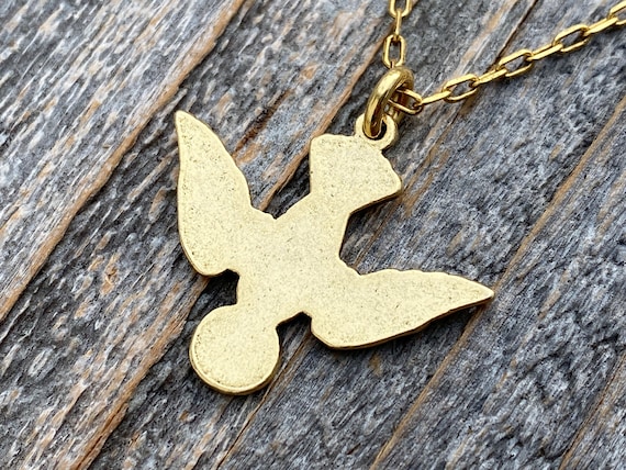 Antiqued Gold Holy Spirit Dove Pendant on Necklace French Antique