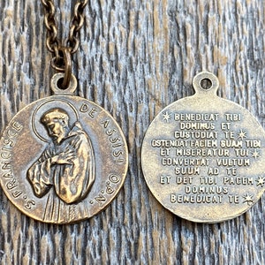 Bronze St Francis of Assisi Blessing Medal Pendant on Necklace, Antique Replica of French Latin Medallion, May the Lord Bless You & Keep You