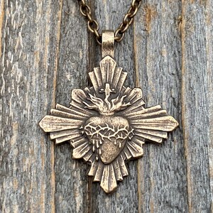 Bronze Sacred Heart Pendant and Necklace, French Antique Replica, Radiant Sacred Heart Medal, Large Sacred Heart of Jesus Pendant, Stunning!