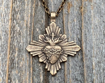 Pendentif et collier en bronze du Sacré-Cœur, réplique antique française, médaille du Sacré-Cœur rayonnante, grand pendentif du Sacré-Cœur de Jésus, superbe !