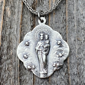 Sterling Silver Mary, Queen of Angels Pendant Necklace, Antique Replica, Our Lady Queen of Heaven, Blessed Virgin Mary Pendant and Necklace