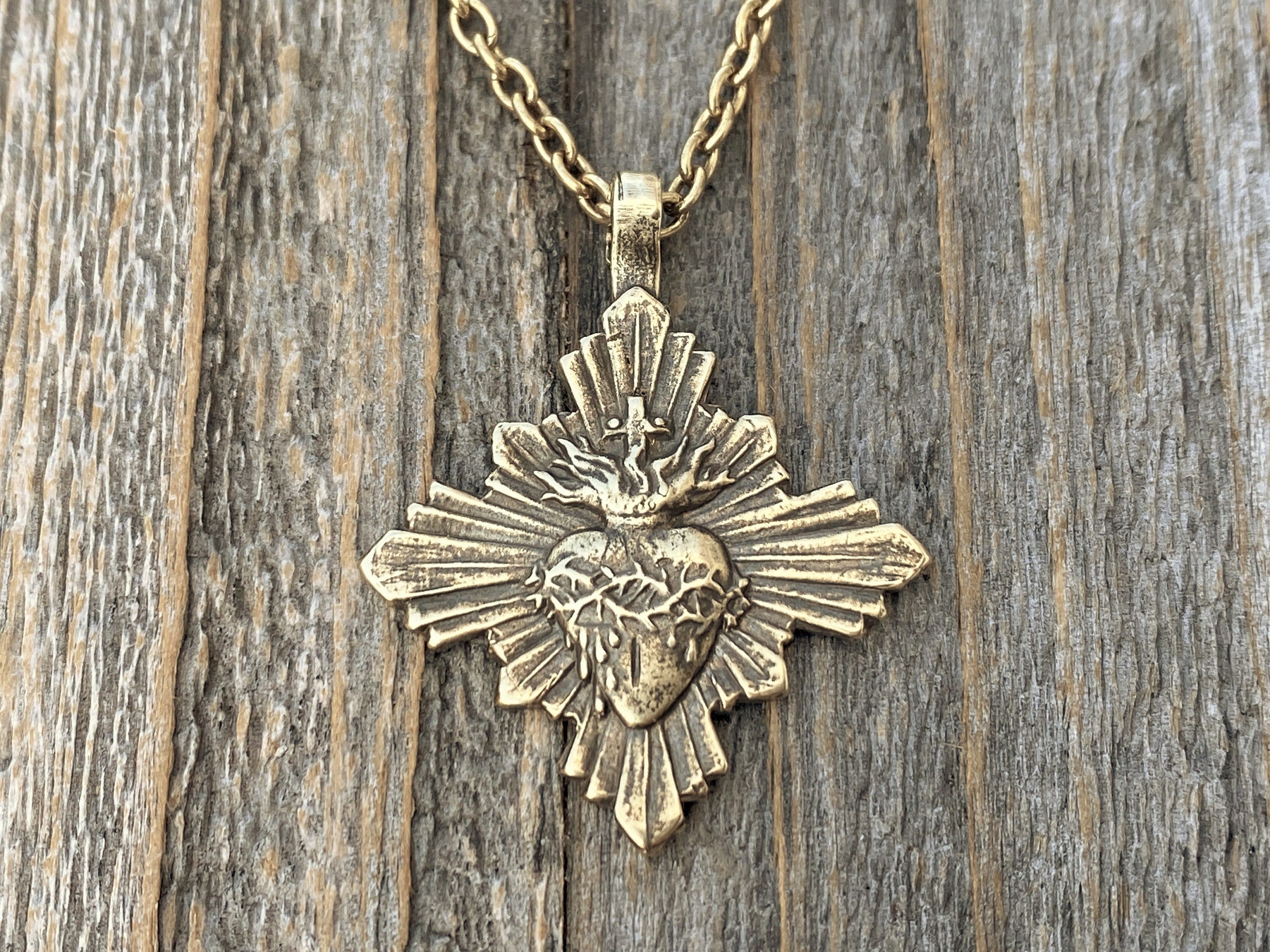 Antiqued Gold Sacred Heart Pendant and Necklace French Antique