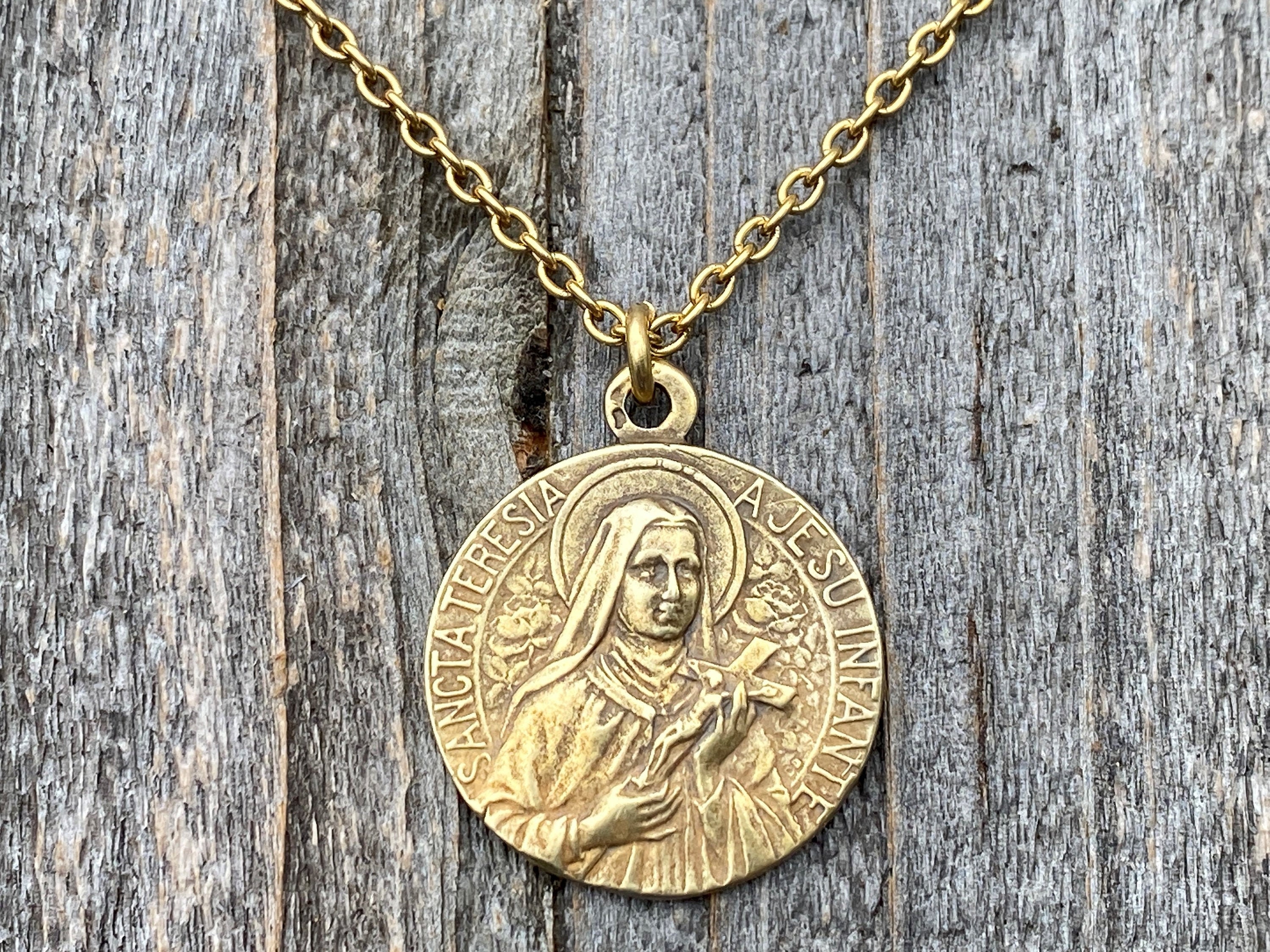 Antiqued Gold Rare St Thérèse of Lisieux Medal Necklace, French Antiqued Gold Rare St Thérèse of Lisieux Medal Necklace, French