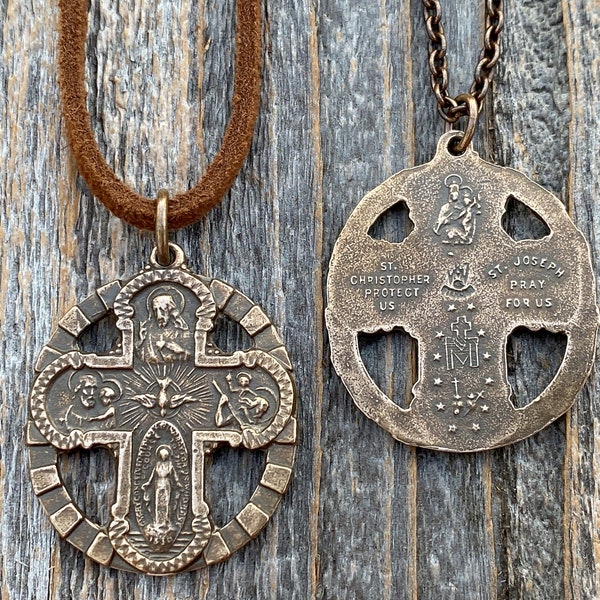 Antique Replica Bronze Five 5 Way Medal Pendant, Leather or Chain, 5-Way Scapular 4-Way, 4 Way Cross, Unisex, Sacred Heart, Miraculous Medal