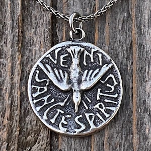 Sterling Silver Holy Spirit Medal Pendant Necklace, Antique Replica, Latin, Veni Sancte Spiritus, Come Holy Spirit, Descending Dove Pendant