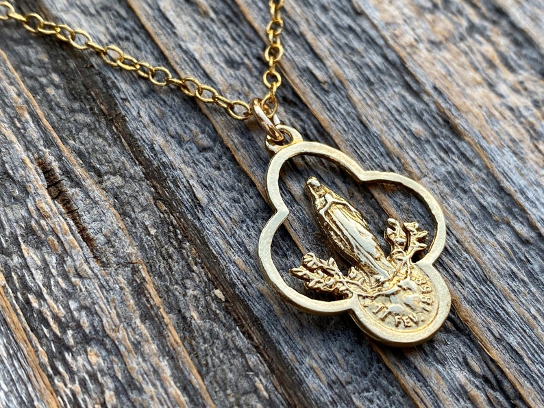 Gold Our Lady of Lourdes Pendant, Hand Cast Antique Replica of a Notre ...