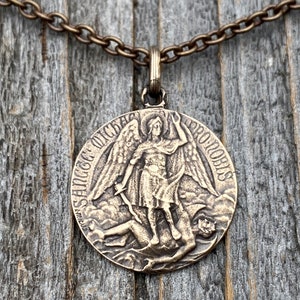 Bronze St Michael Medal Pendant Necklace, Rare French Latin Antique Replica Medallion, By Artist Tricard, Sancte Michael Ora Pro Nobis, M2