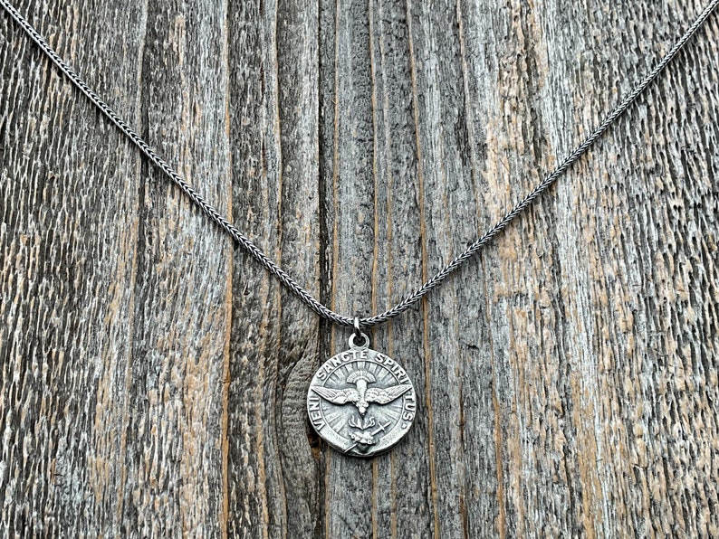 Sterling Silver Come Holy Ghost Medal, Holy Spirit Pendant Necklace, Antique Replica, Sacred Heart of Jesus, Veni Sancte Spiritus, VSS-1 image 7