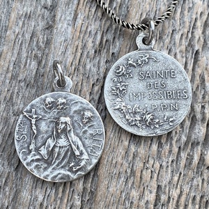 Sterling Silver St Rita of Cascia Medal Pendant Necklace, Antique Replica Saint Rita Charm from France, Saint of the Impossible Pray for Us