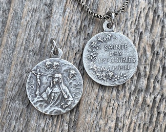 Sterling Silver St Rita of Cascia Medal Pendant Necklace, Antique Replica Saint Rita Charm from France, Saint of the Impossible Pray for Us