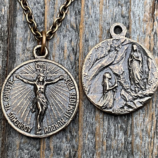 Bronze Crucifix on Circle Disc & Lourdes Grotto Two-Sided French Antique Replica Round Medallion Pendant on Necklace, Medal Signed by OBC