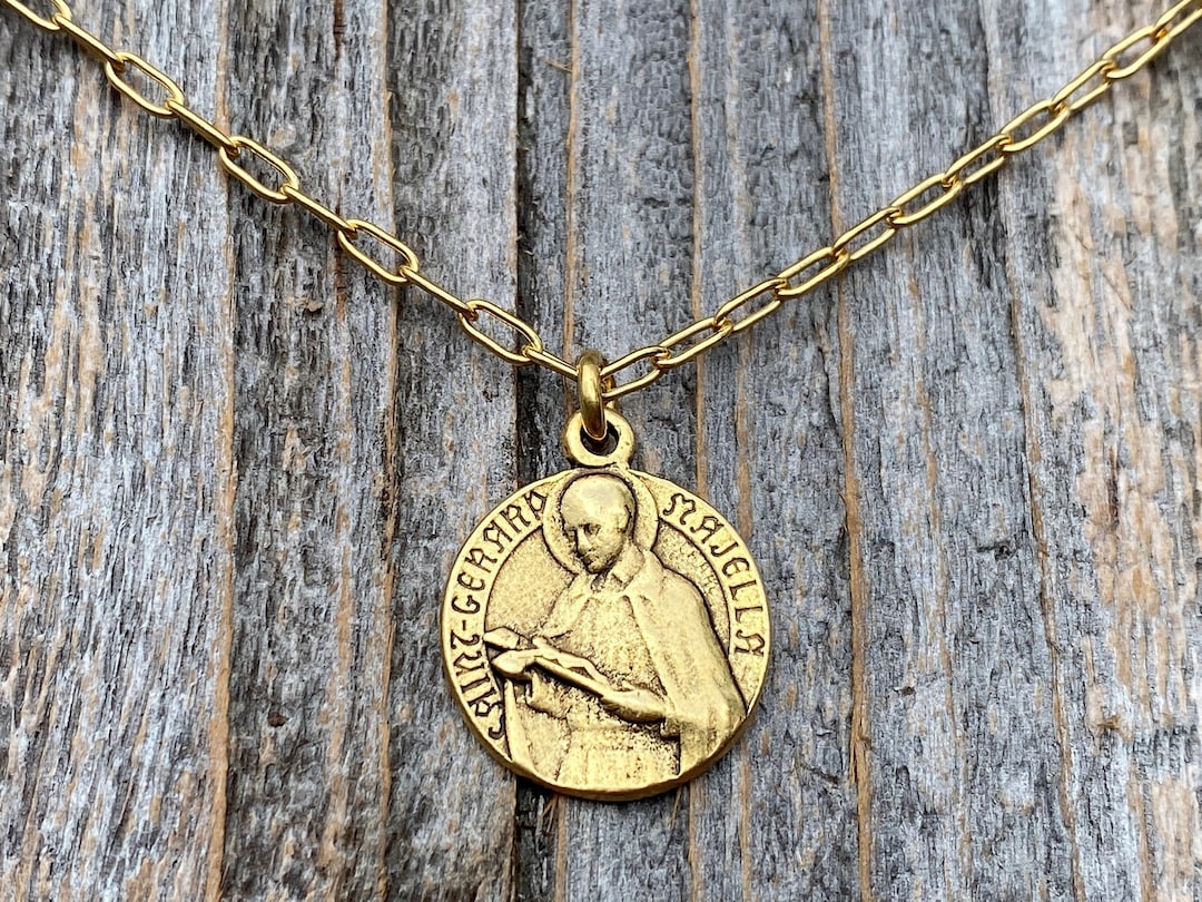 Antiqued Gold St Gerard Majella Medal Pendant on Necklace, by French
