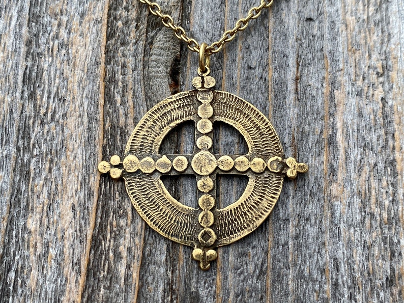 Antiqued Gold Ancient Christian Cross Pendant Necklace, Antique Replica, Large Gold Cross Pendant, Antique Artisan Handmade Cross, Big Cross image 3