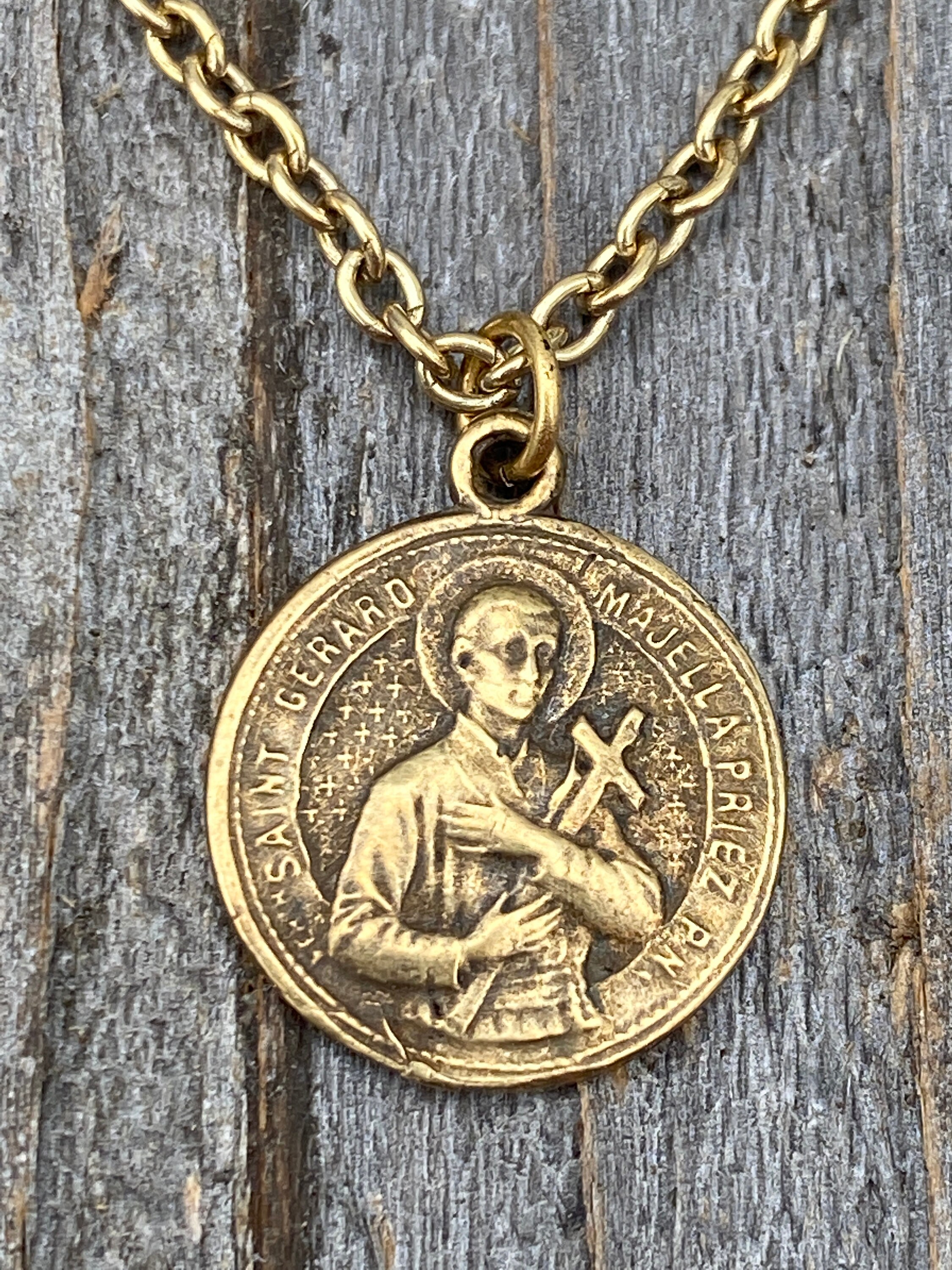 Antiqued Gold Saint Gerard Majella Medal Necklace, French Artist Penin ...