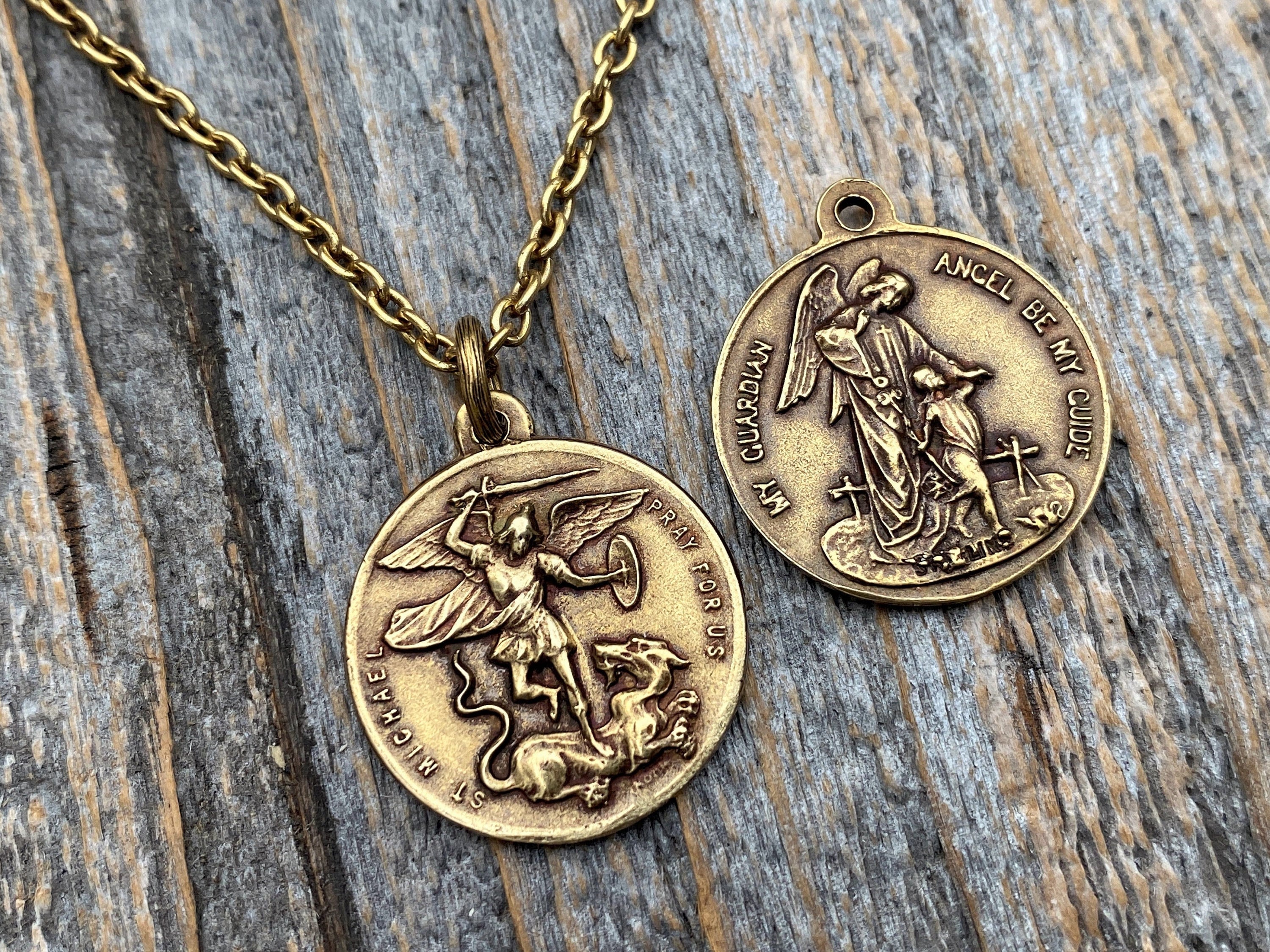 Antiqued Gold Miraculous Medal Pendant on Satellite Chain Necklace