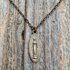 Bronze Latin Miraculous Medal Pendant and Necklace, Antique Replica of French Miraculous Medallion, Elongated Oval Shape Blessed Virgin Mary