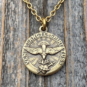 Antiqued Gold Come Holy Spirit Medal, Holy Ghost Pendant Necklace, Antique Replica, Sacred Heart of Jesus, Veni Sancte Spiritus Medal, VSS-1