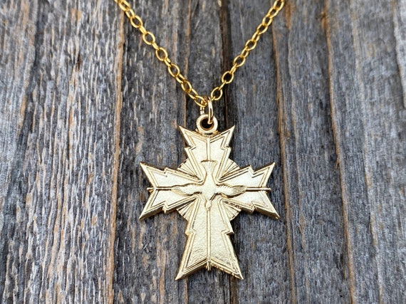 Antiqued Gold Trinity Crucifix Pendant and Necklace Antique -  Portugal