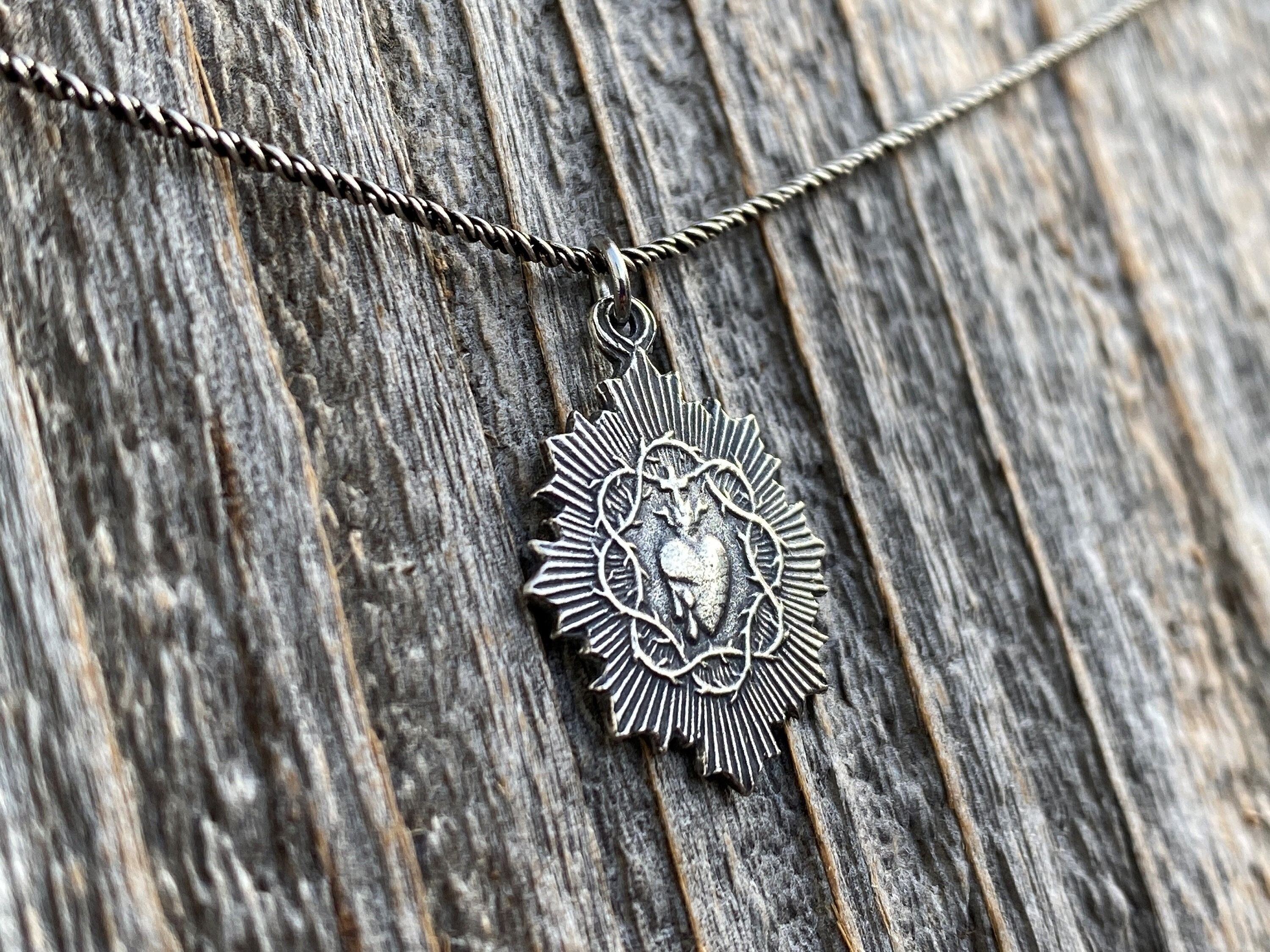 Petite French Sterling Silver Sacred Heart of Jesus Medal Pendant on ...