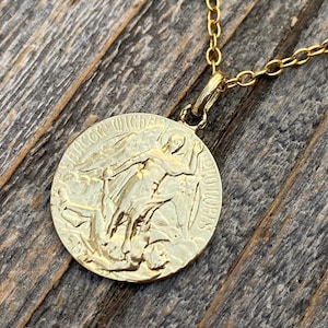 Gold St Michael the Archangel Pendant & Necklace, Antique Replica of rare French medal signed by artist Tricard, with Latin Ora Pro Nobis M2