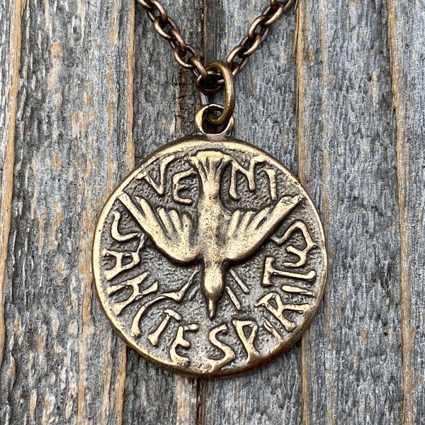 Bronze Holy Spirit Dove Pendant, Antique Replica, Latin Veni Sancte Spiritus Medal, from Argentina, Holy Ghost Necklace, Come Holy Spirit