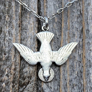 Silver Holy Spirit Dove Pendant and Necklace, Antique Replica of French Holy Spirit Charm, Descending Dove Medallion from France, Holy Ghost