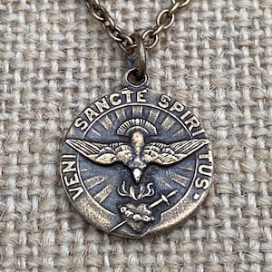 Bronze Taube Heiliger Geist Medaille Anhänger Halskette, Antike Replik, Komm Heiliger Geist Anhänger, Heiligstes Herz Jesu, Veni Sancte Spiritus VSS-1