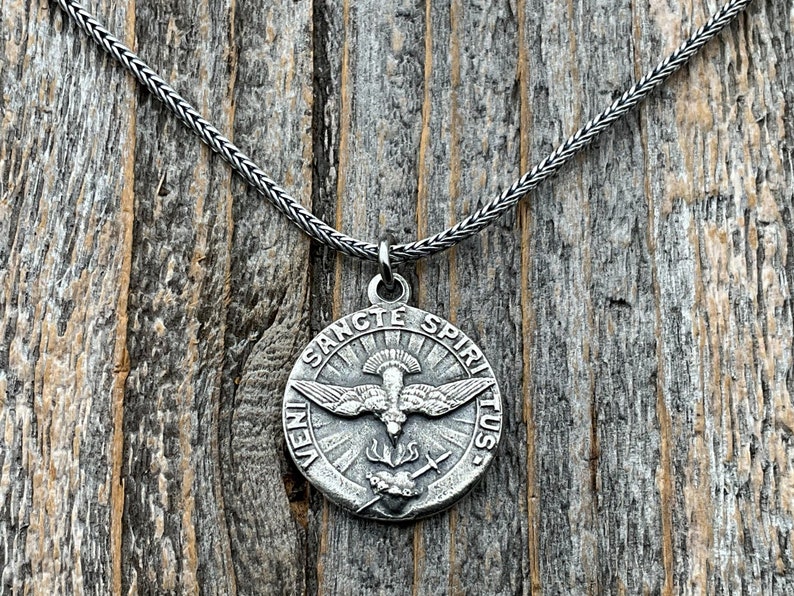 Sterling Silver Come Holy Ghost Medal, Holy Spirit Pendant Necklace, Antique Replica, Sacred Heart of Jesus, Veni Sancte Spiritus, VSS-1 image 1