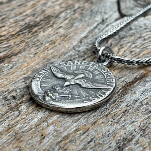 Sterling Silver Come Holy Ghost Medal, Holy Spirit Pendant Necklace, Antique Replica, Sacred Heart of Jesus, Veni Sancte Spiritus, VSS-1 image 4