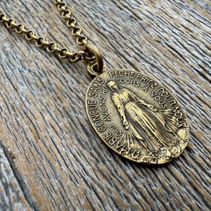 Antiqued Gold Oval French Miraculous Medal Pendant, Antique Replica of Rare Adolph Penin Signed Medallion from France, French Piece of Art