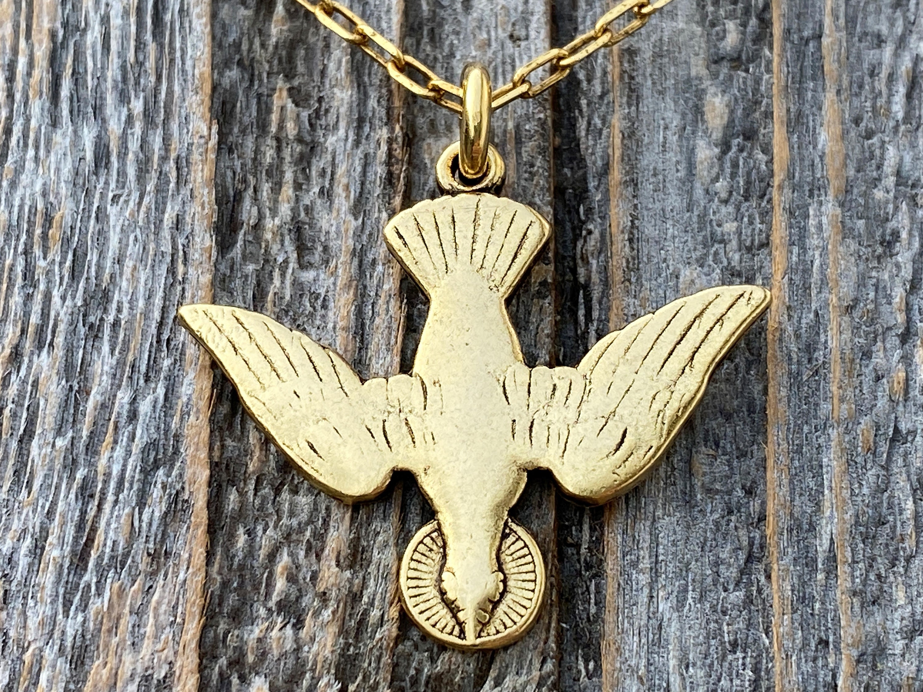 Antiqued Gold Holy Spirit Dove Pendant on Necklace French Antique Replica Descending Dove Pendant Descending Holy Spirit Medallion Charm Etsy