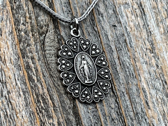 Buy Sterling Silver Miraculous Medal Pendant Necklace Hearts