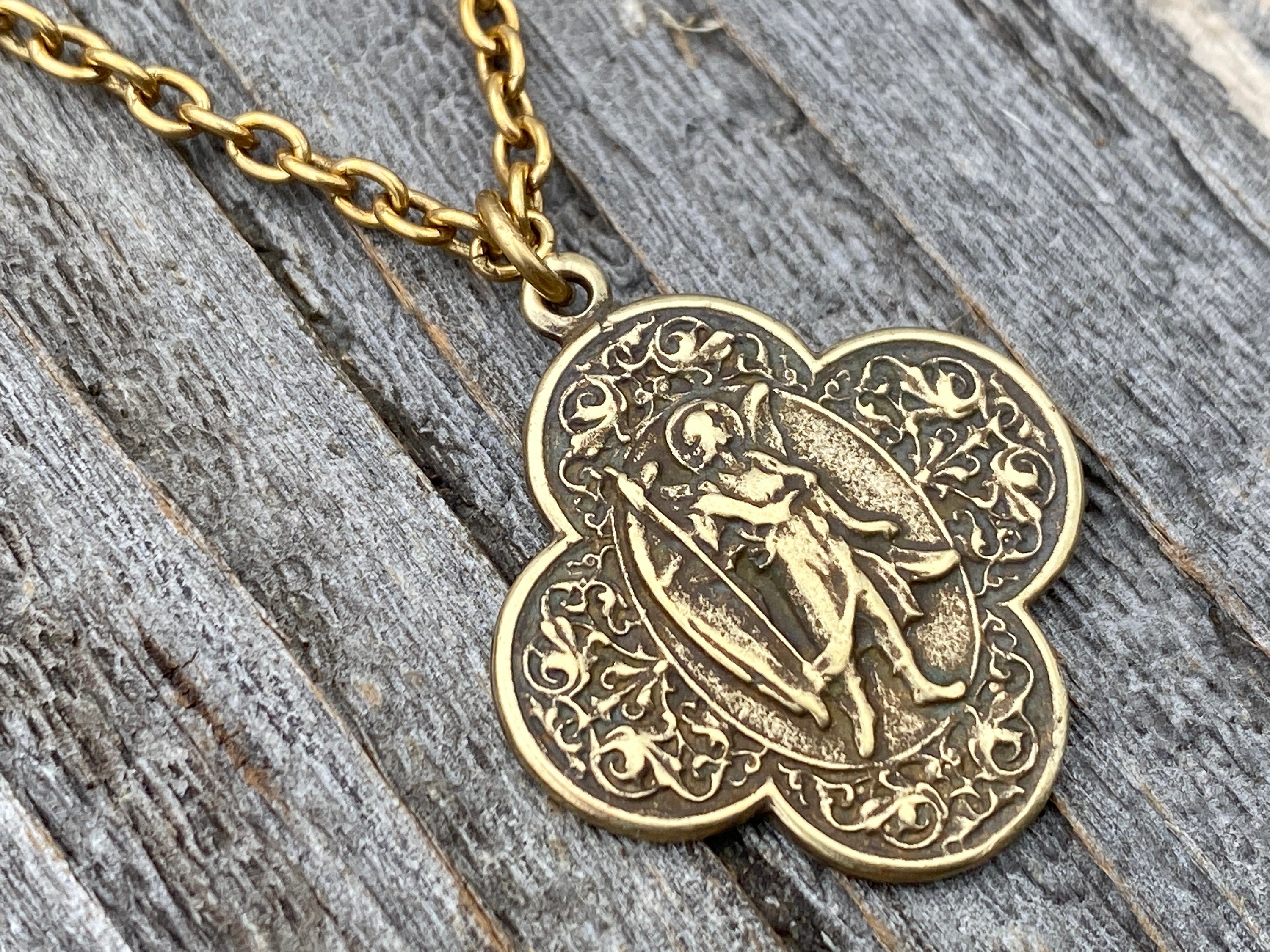 Antiqued Gold Miraculous Medal Pendant on Satellite Chain Necklace