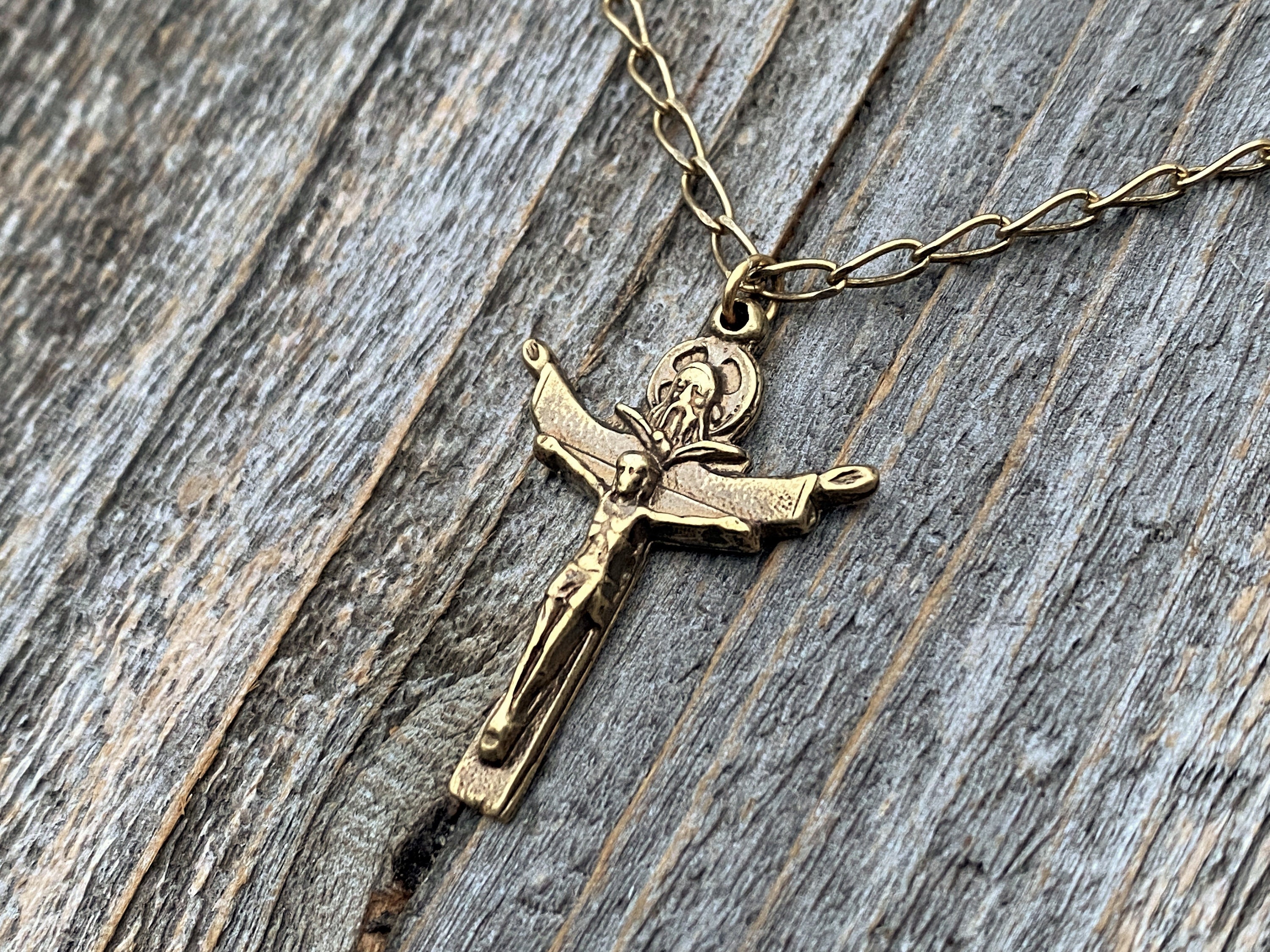 Antiqued Gold Trinity Crucifix Pendant and Necklace Antique -  Portugal