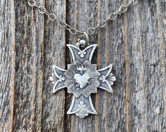 Sterling Silver Sacred Heart of Jesus Cross Medal Pendant Necklace ...