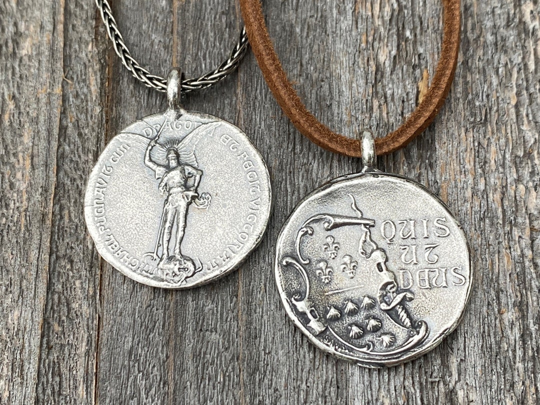 Sterling Silver Rare St Michael Latin Medal Necklace