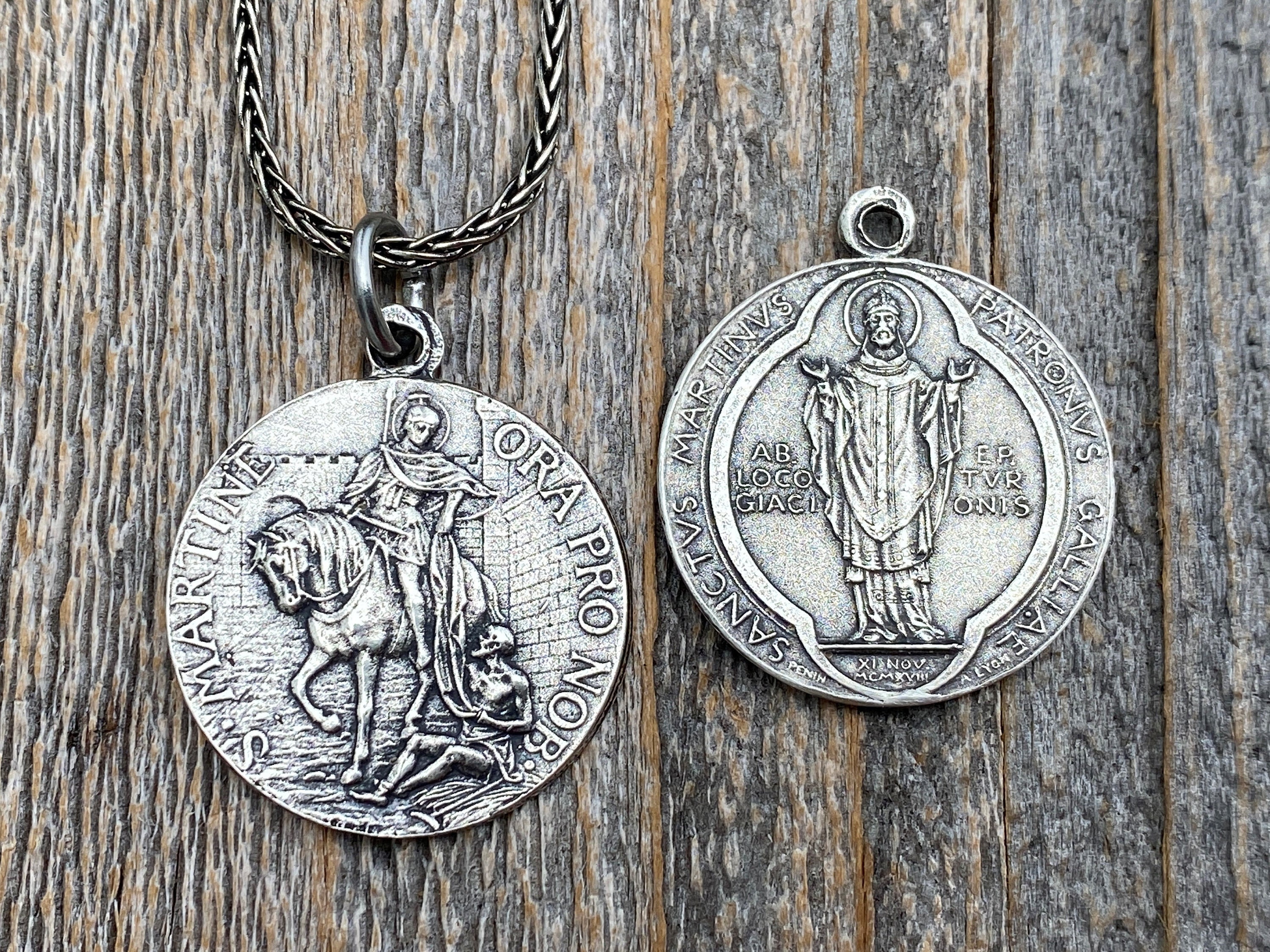 Sterling Silver Latin St Martin of Tours Medal Pendant Necklace