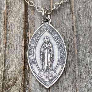 Sterling Silver French Immaculate Conception & Sacred Heart of Jesus Antique Replica Medal Necklace, Our Lady of Lourdes France, Holy Mother