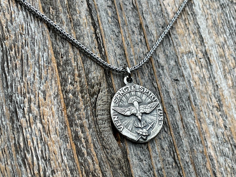 Sterling Silver Come Holy Ghost Medal, Holy Spirit Pendant Necklace, Antique Replica, Sacred Heart of Jesus, Veni Sancte Spiritus, VSS-1 image 6