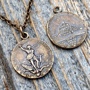 Bronze St Michael Medallion Necklace, Antique Replica French Saint Michael the Archangel Pendant, Souvenir of Mont St Michel France by Penin