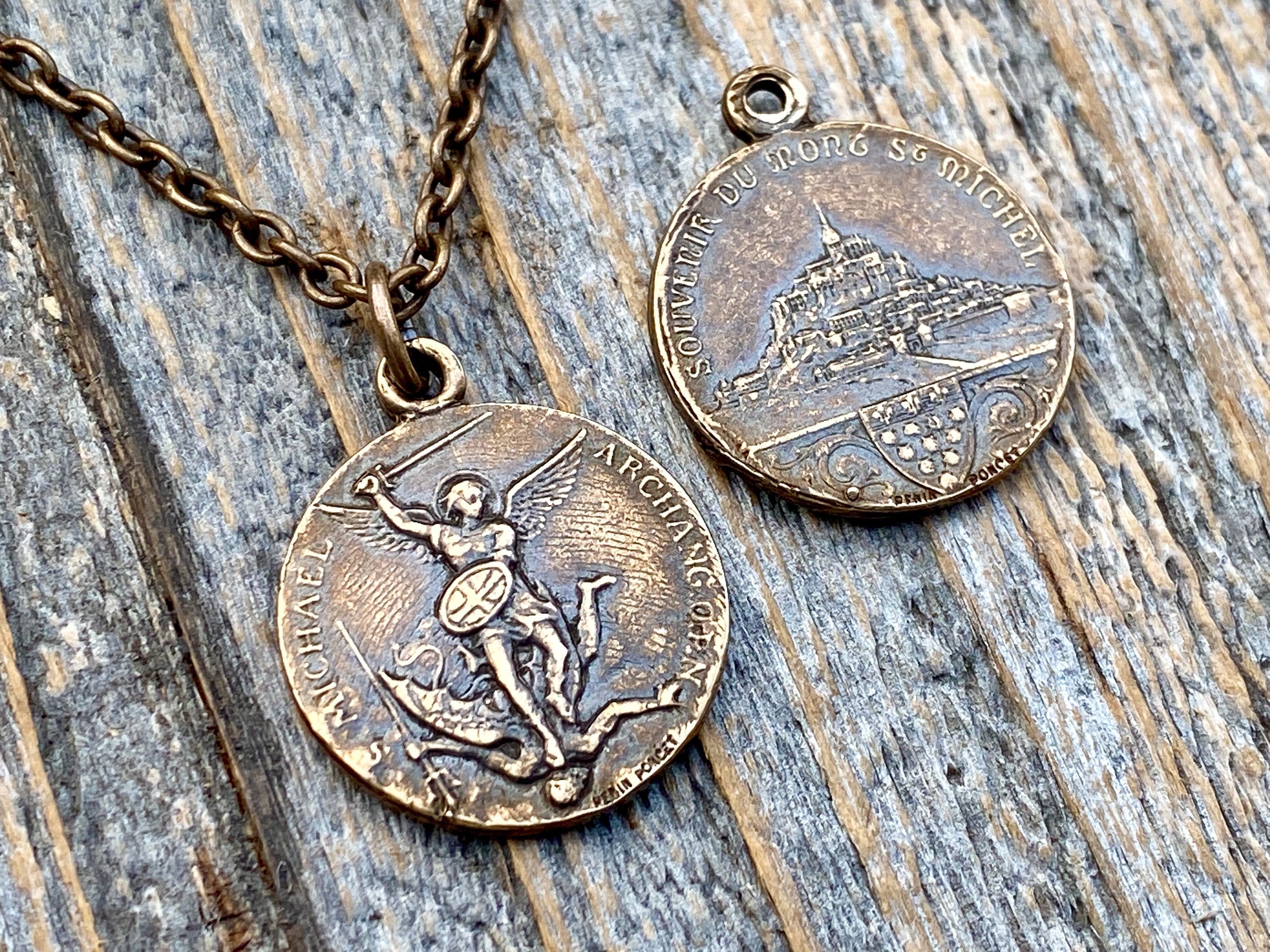 Bronze St Michael Medallion Necklace, Antique Replica French Saint