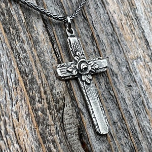 Sterling Silver Cross Pendant & Necklace, Antique Replica of Rare European Rose Cross, Reproduction of Art Deco Circa 1930 Rose Cross Charm