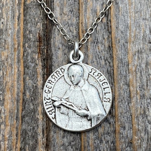 Silver St Gerard Majella Medal Pendant on Necklace, By French Artist Charl, Antique Replica Medallion, Saint of Expectant Mothers Fertility