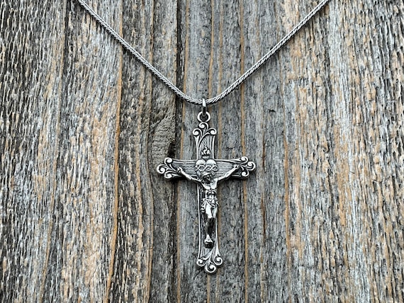 Cross Necklace Beaded Open Swirl Design Antiqued Sterling Silver with Chain Cross Necklace Beaded Open Swirl Design Antiqued Sterling Silver with Chain