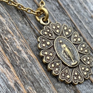 Antiqued Gold Miraculous Medal Pendant Necklace Antique Replica, Blessed Virgin Mary Medal, Our Lady of Miracles, Immaculate Virgin Mary MM5