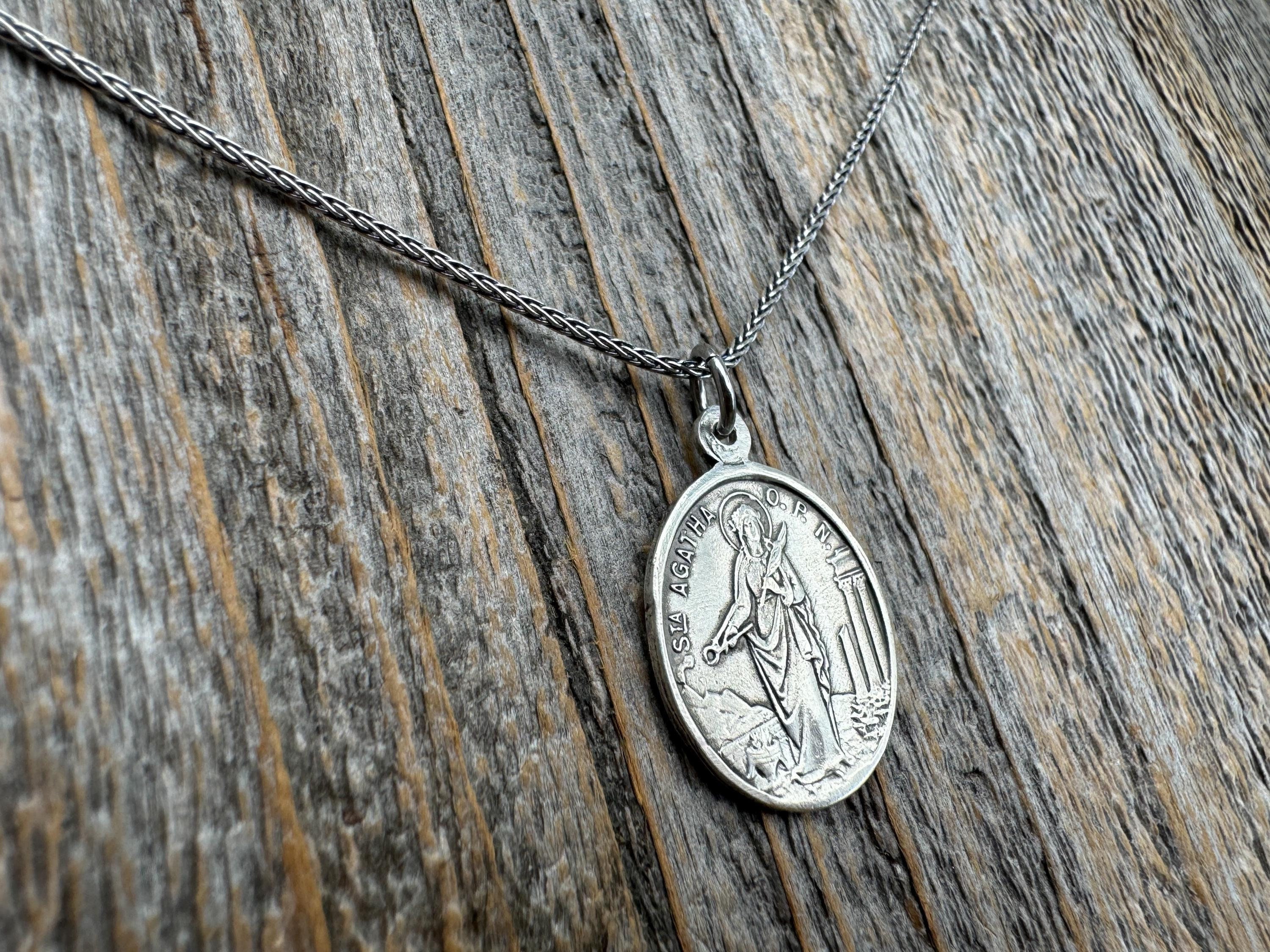 Sterling Silver St Agatha Medallion Pendant Necklace, Antique