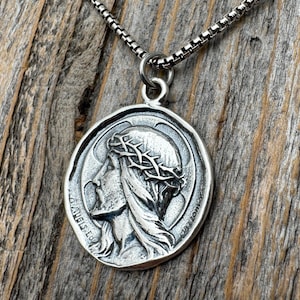 Sterling Silver Jesus Christ Pendant Medallion, Our Lord with Crown of Thorns, French Antique Replica Medal, Artists Augis & Mazzoni France